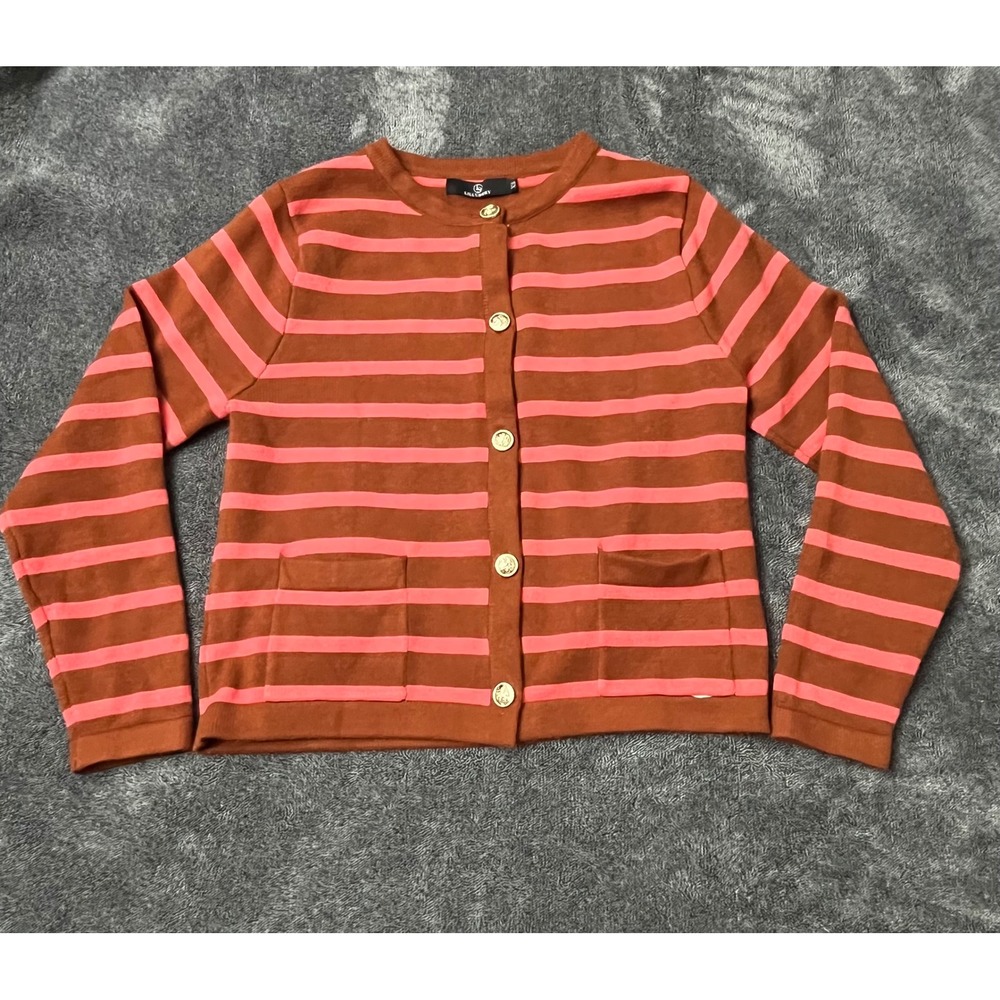 LILLUSORY Striped Cardigan Brown Pink Gold Crest Button Crew Neck XS Preppy‎